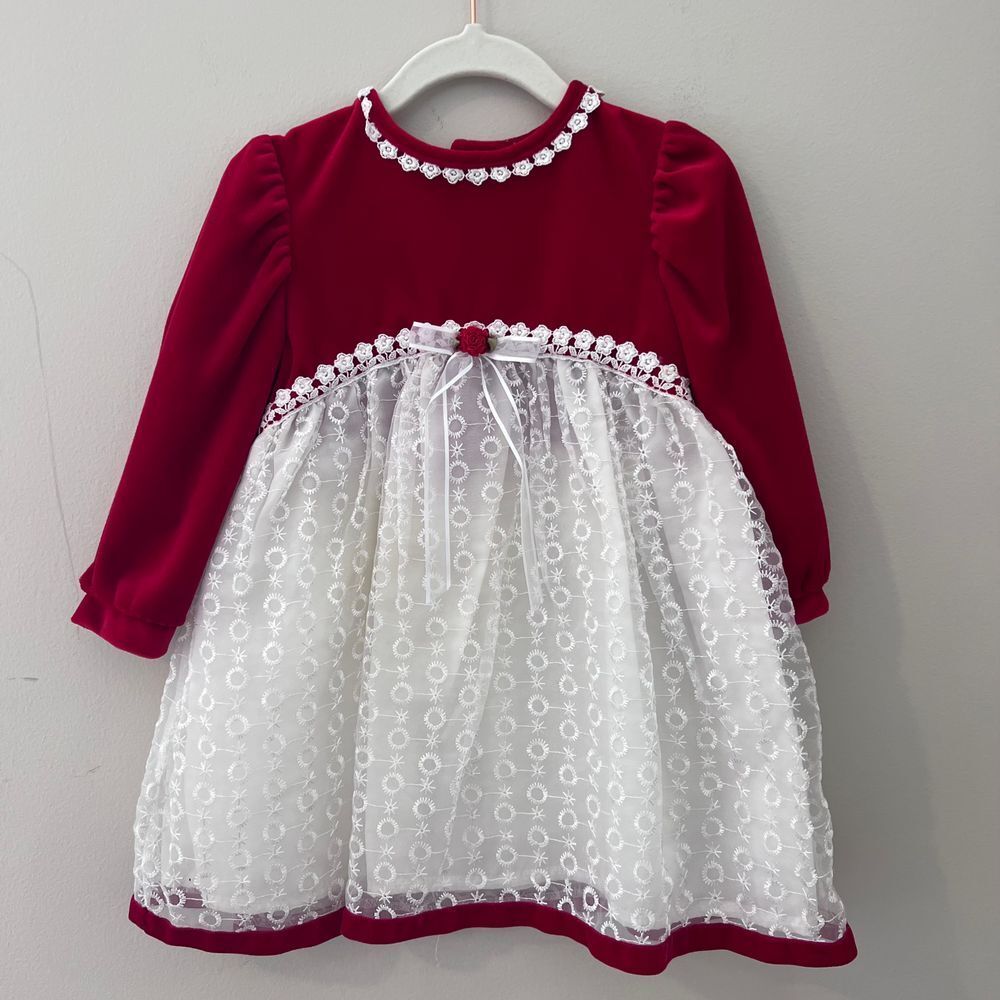Rose Cottage Red Velvet Holiday Party Dress White Lace‎ Overlay Christmas 24mo